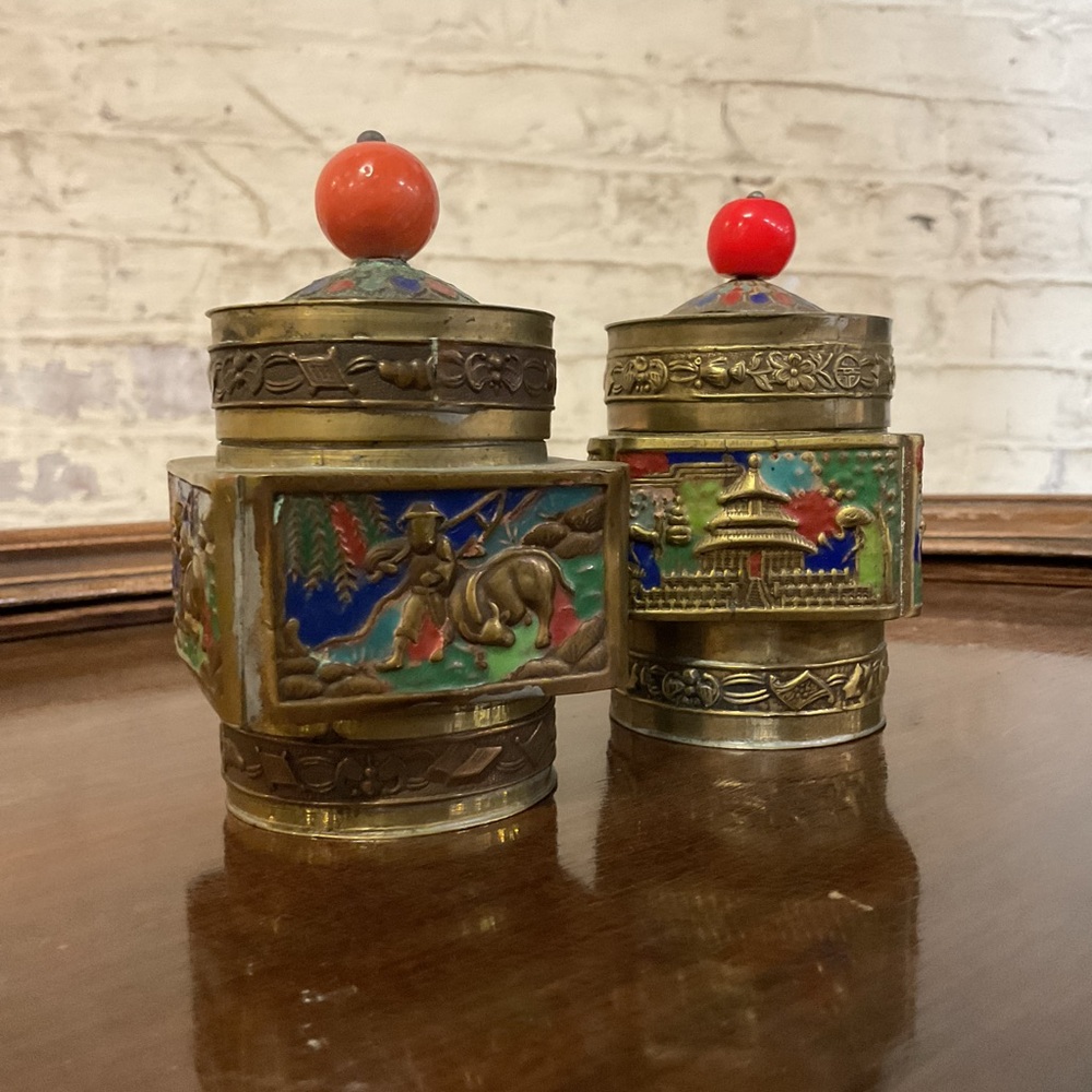 Vintage Chinese Tea Caddy Pair - Decorative Brass and Enamel Jars